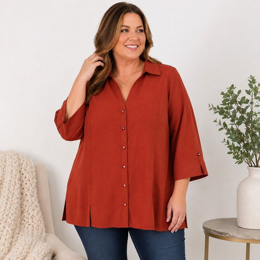 Cato Woman Blouse 18/20W Rust Orange Button Front Tunic Top 3/4 Sleeve Plus